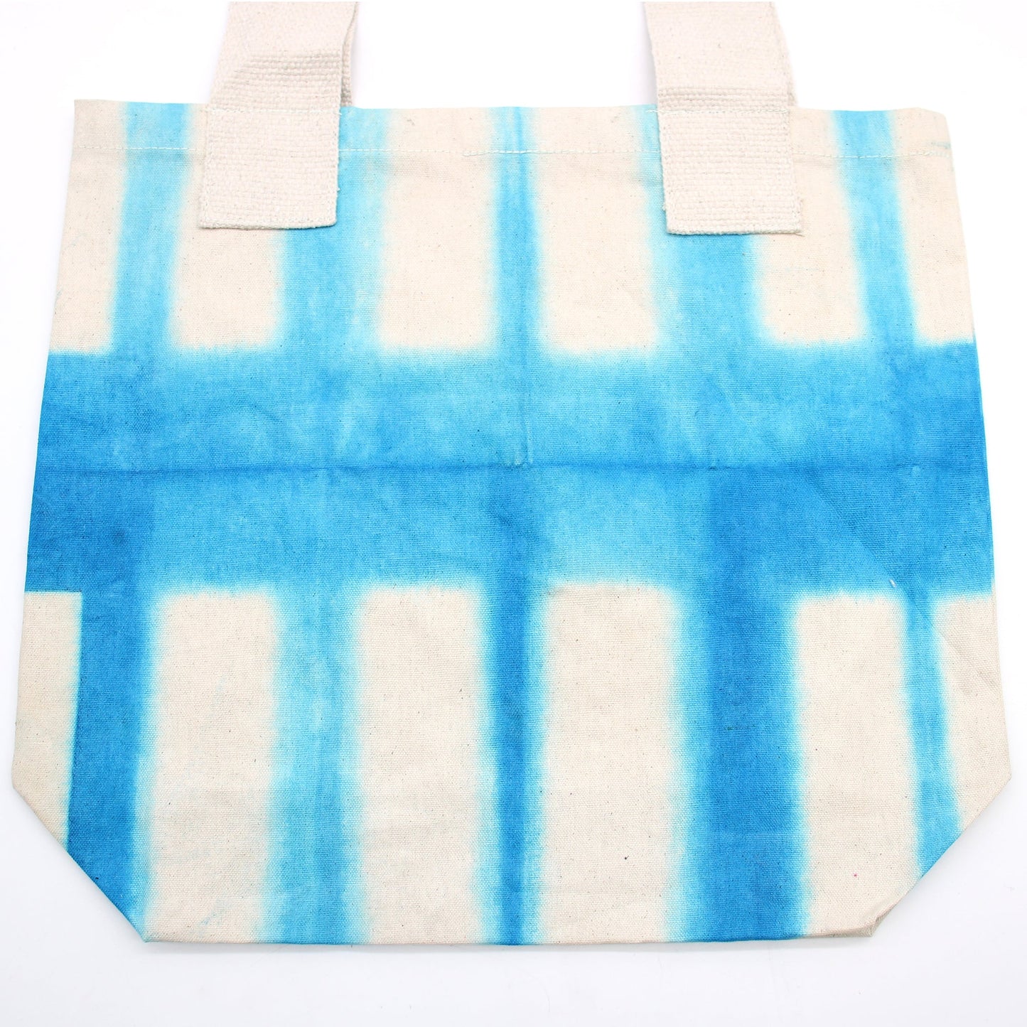 Cotton Tie-Dyed Bag – Sky-Blue Blocks, Natural Handle, tall tote with bold blue horizontal and vertical bands by Quintessential Holistic Health Ltd