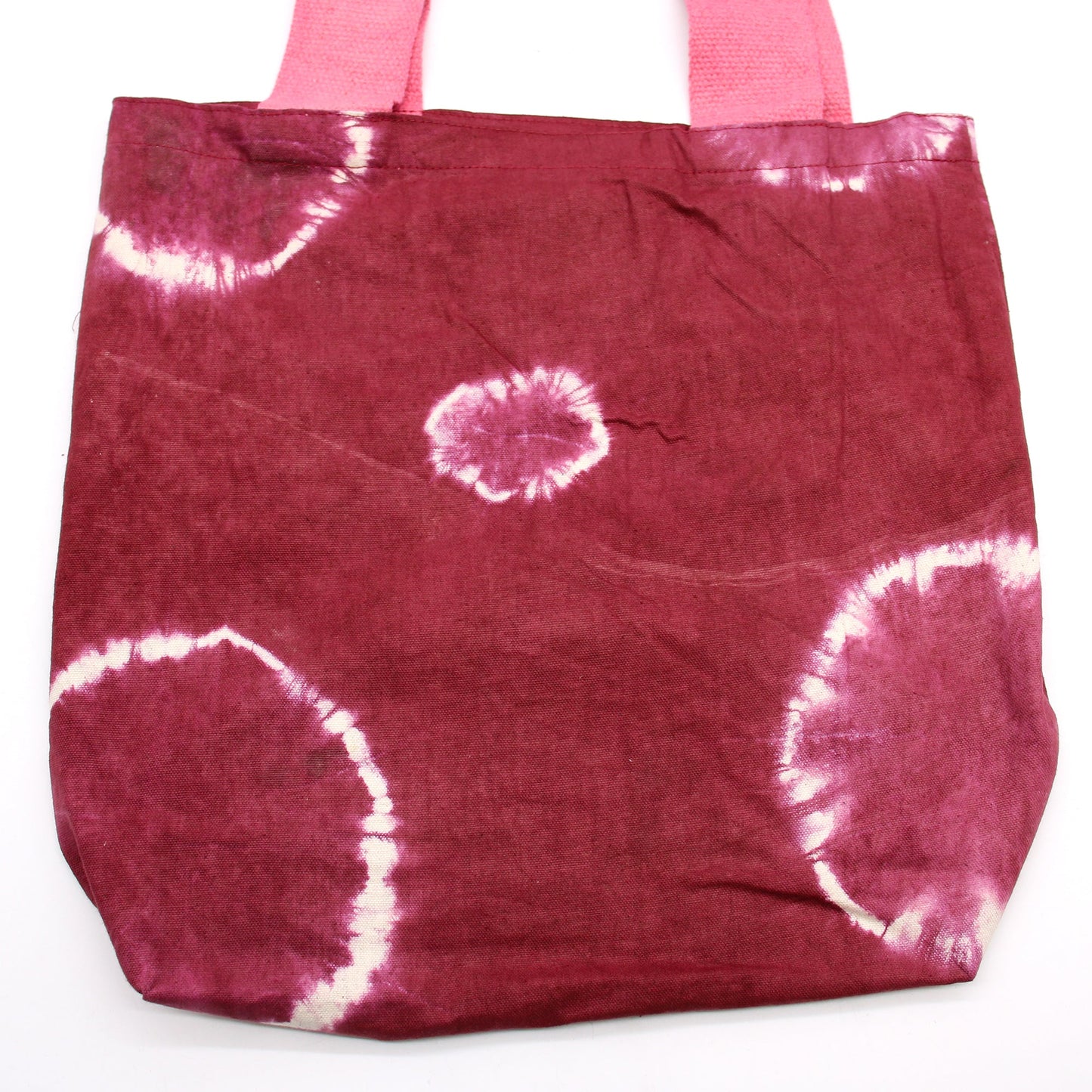 Natural Cotton Tie-Dyed Bag – Maroon Rings, Pink Handle with three white ring patterns across the front by Quintessential Holistic Health Ltd