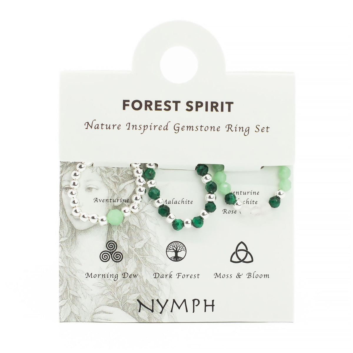 Mystical Nymph Spirit Gemstone 3-Ring Set – Forest Spirit, green, white and silver-toned rings attached to an illustrated display card, by Quintessential Holistic Health Ltd