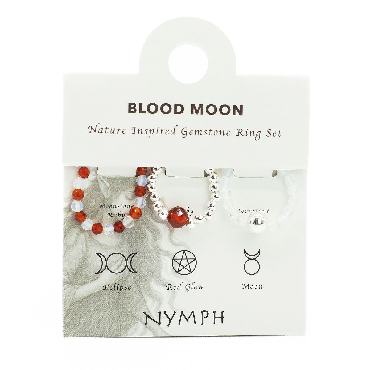Mystical Nymph Spirit Gemstone 3-Ring Set – Blood Moon, three beaded rings attached beneath a Blood Moon display card by Quintessential Holistic Health Ltd