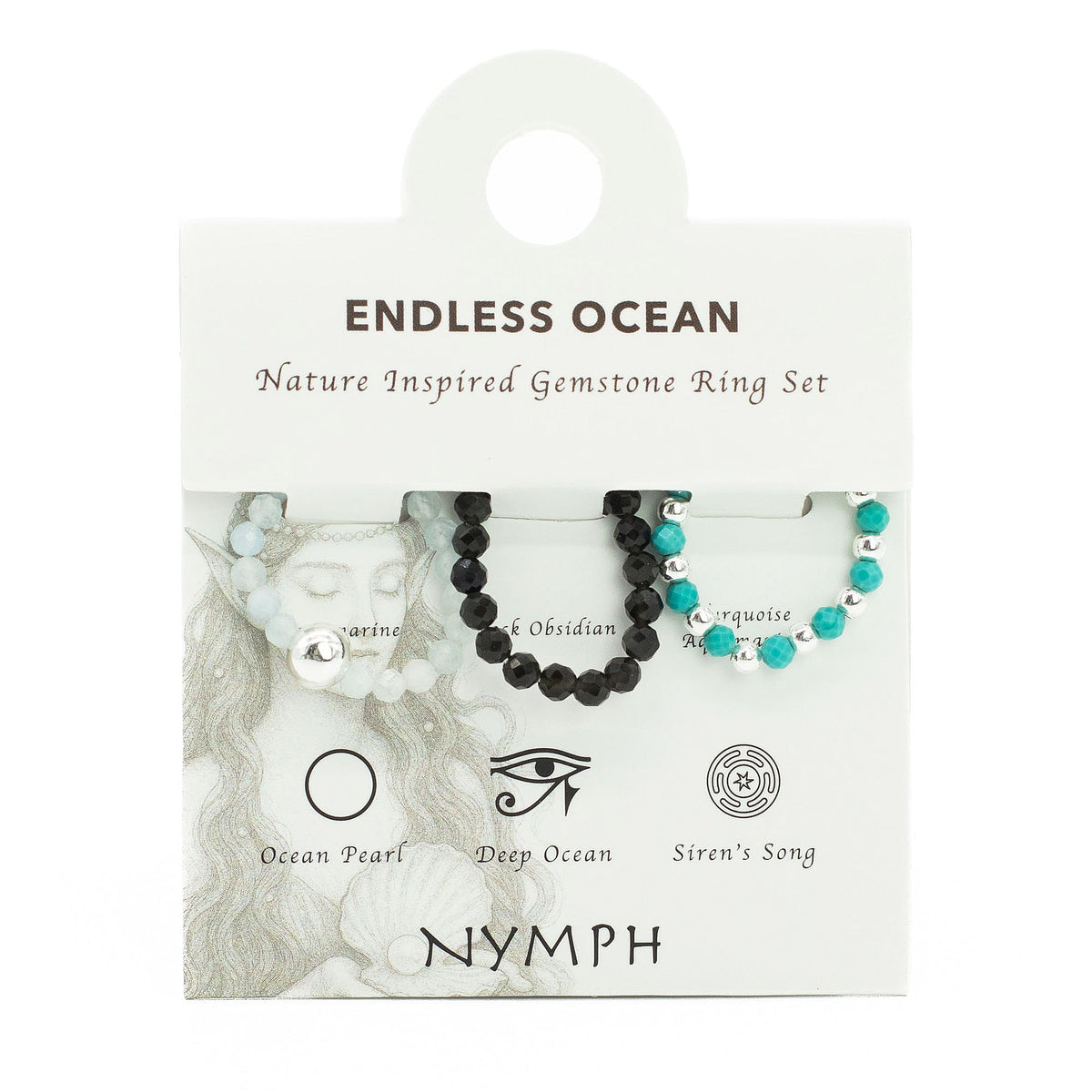 Mystical Nymph Spirit Gemstone 3-Ring Set – Endless Ocean, three beaded rings attached beneath an Endless Ocean display card by Quintessential Holistic Health Ltd