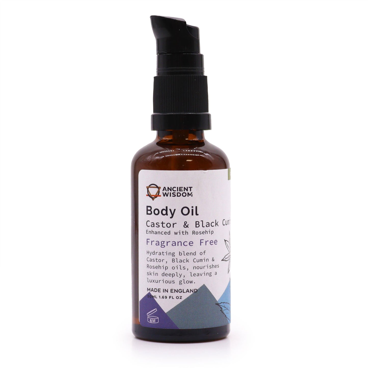 Organic Vegan-Friendly Unfragranced Rosehip Body Oil - 50ml, in a brown pump bottle with a blue geometric label, by Quintessential Holistic Health Ltd