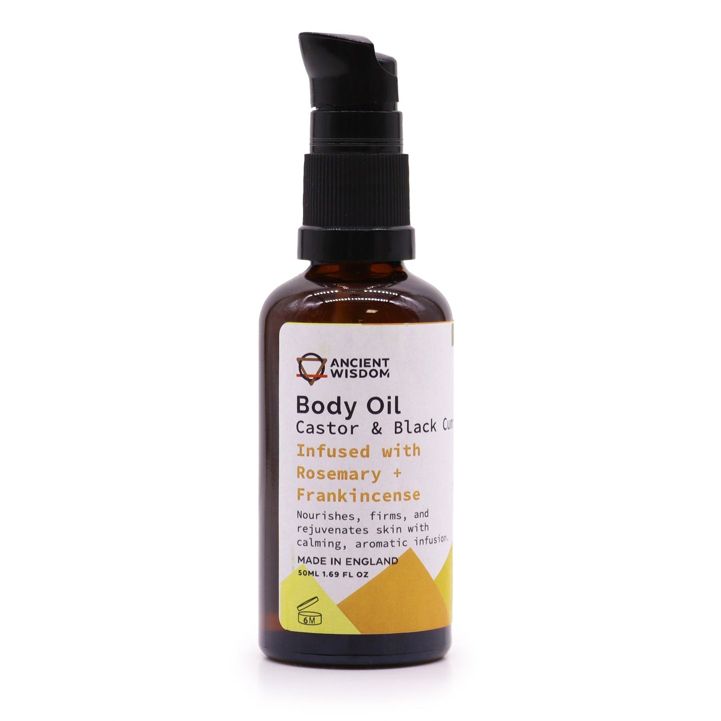 Organic Vegan-Friendly Rosemary and Frankincense Body Oil - 50ml, in a brown pump bottle with a yellow geometric label, by Quintessential Holistic Health Ltd