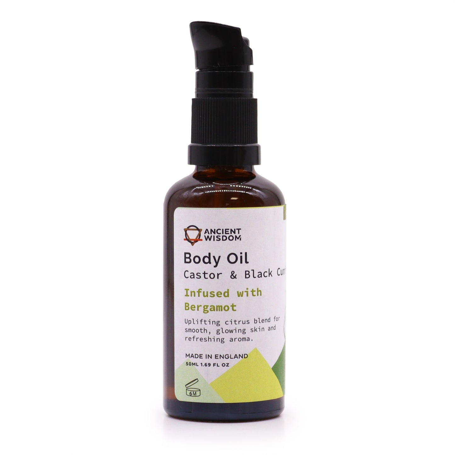 Organic Vegan-Friendly Bergamot Body Oil - 50ml, in a brown pump bottle with a green and yellow geometric label, by Quintessential Holistic Health Ltd