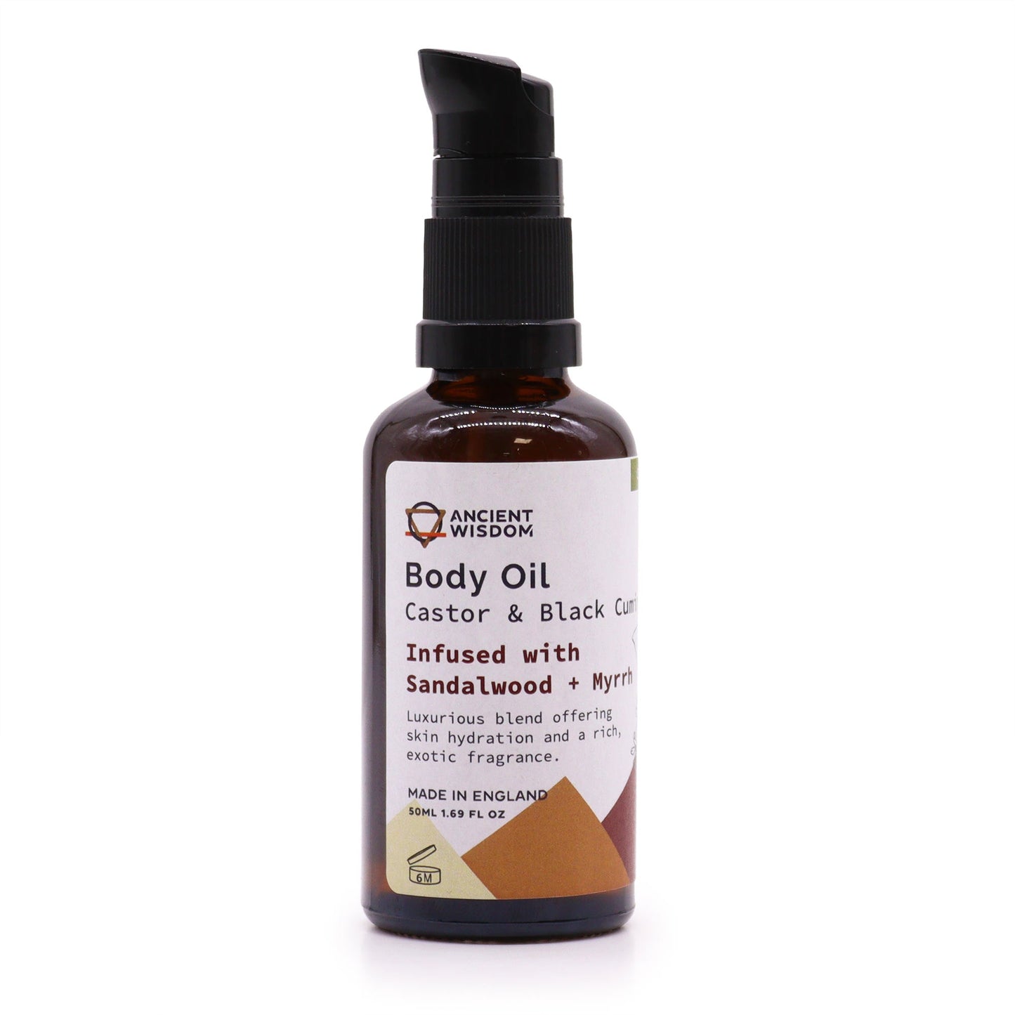Organic Vegan-Friendly Sandalwood and Myrrh Body Oil - 50ml, in a brown pump bottle with a brown geometric label, by Quintessential Holistic Health Ltd