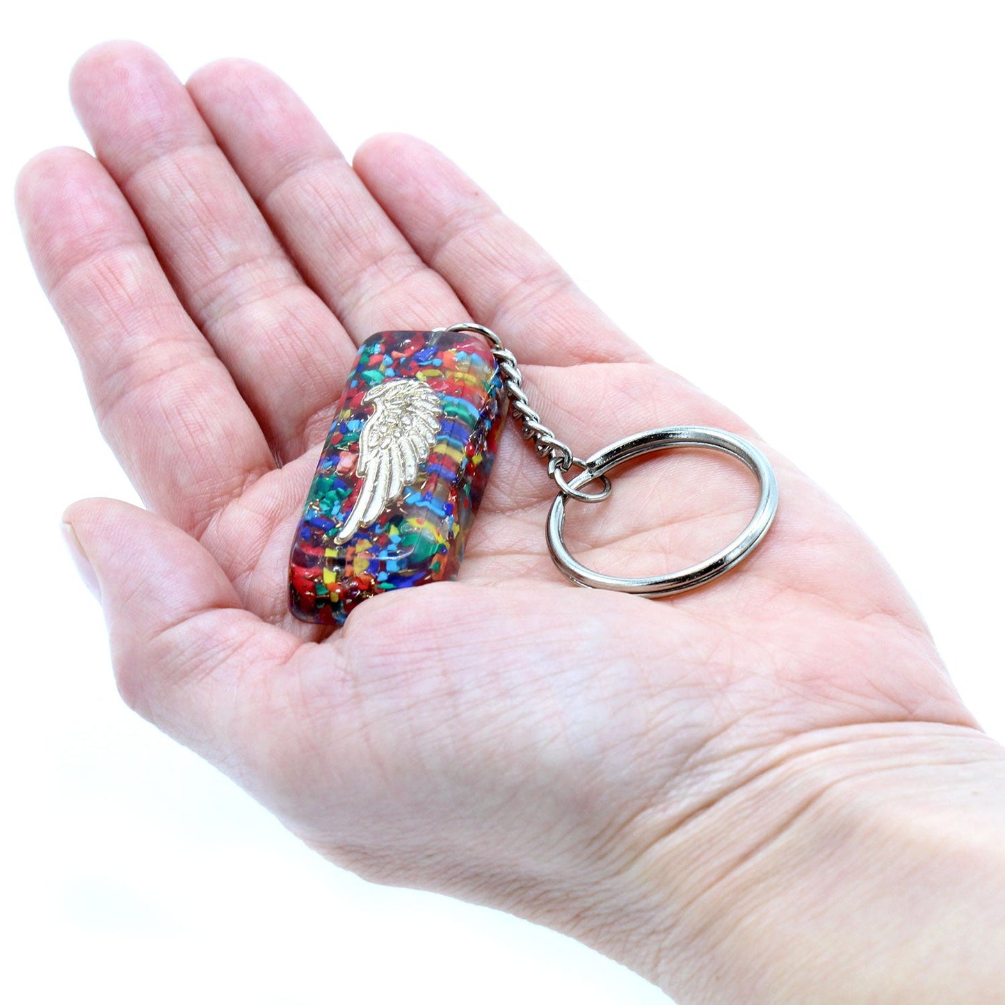 Handmade Orgonite Power Keyring - Rectangular / Eagle / Multicolour and Gold product packaging on clean background from Quintessential Holistic Health Ltd