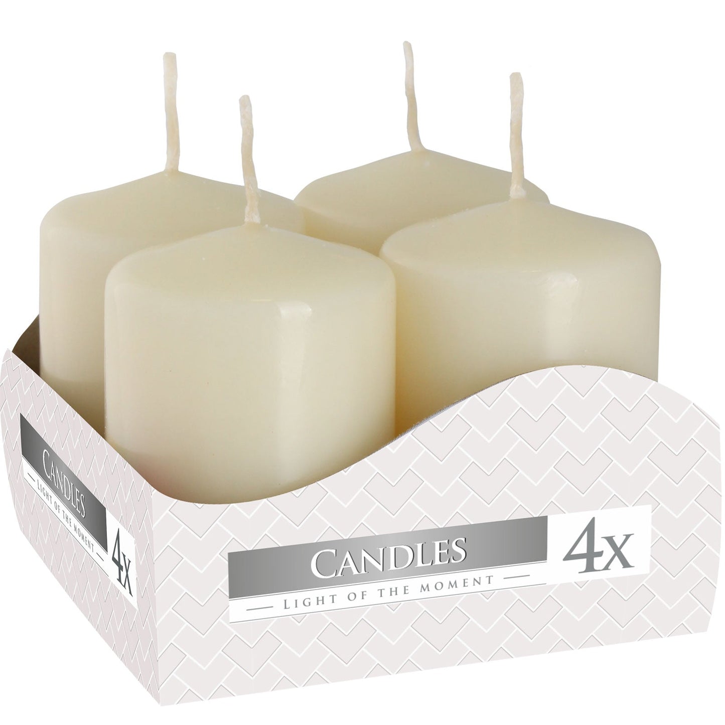 Set of 4 Pillar Candles - Small / Ivory product packaging on clean background from Quintessential Holistic Health Ltd