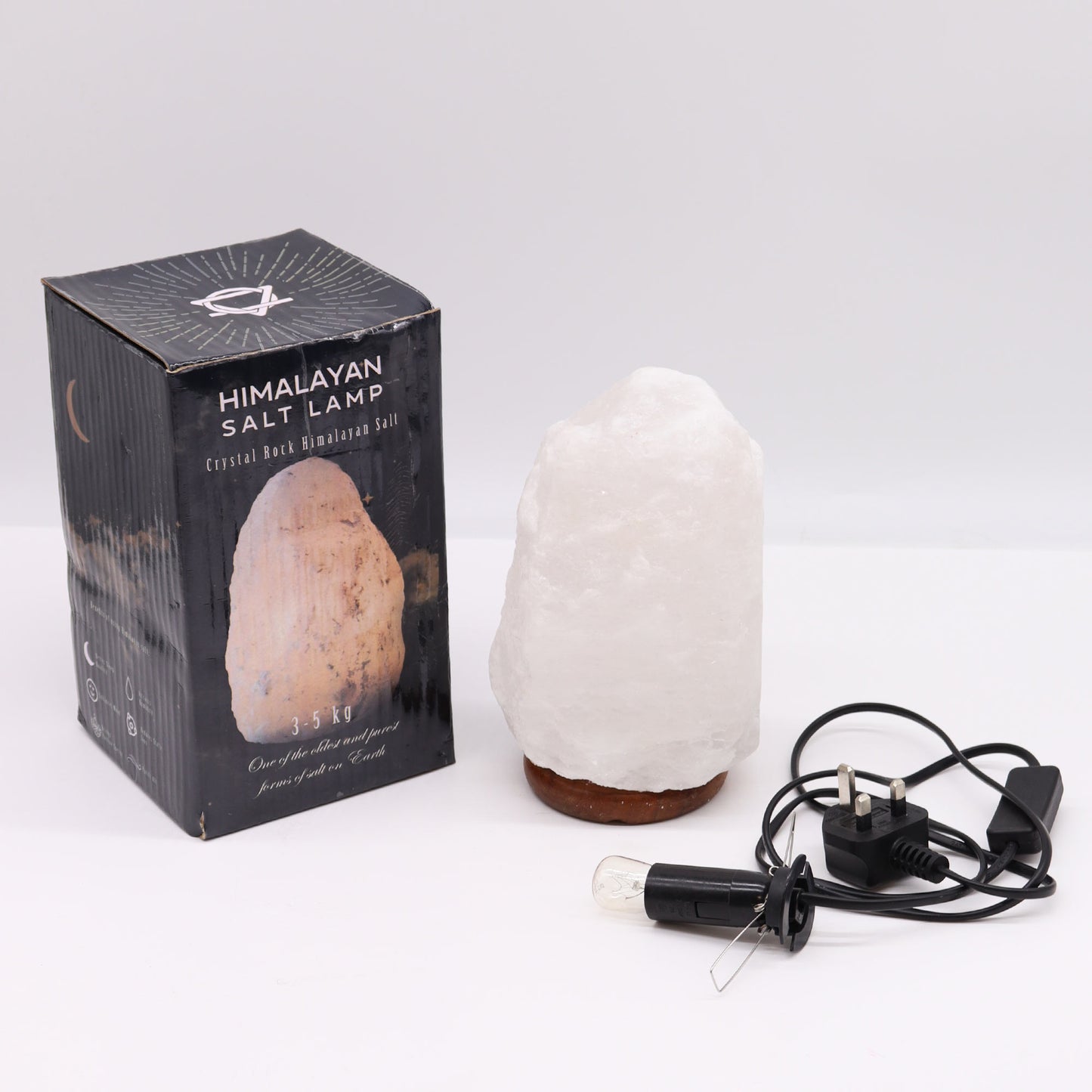 240V Himalayan Salt Crystal Lamp & Base - White/Natural - 3–5kg, lamp with branded box, black cable and bulb holder by Quintessential Holistic Health Ltd