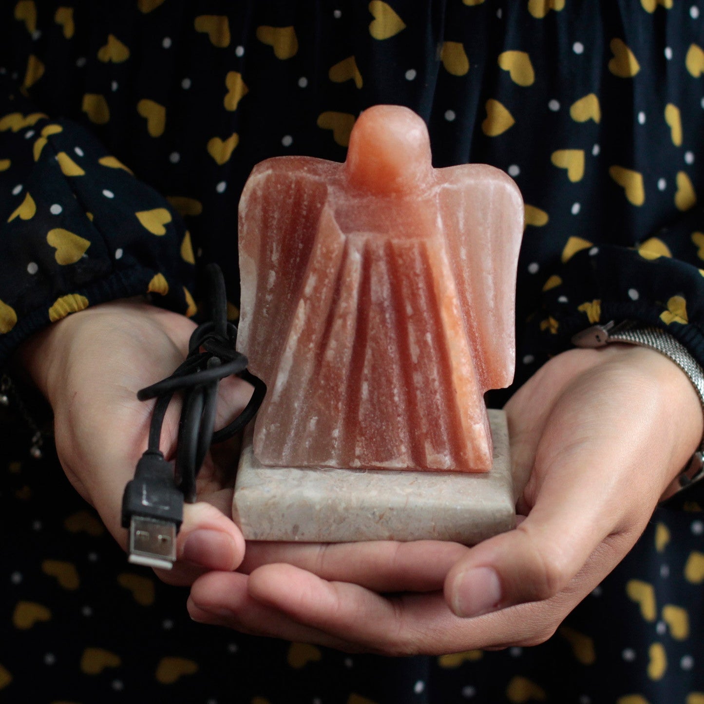 Hand Carved USB Himalayan Salt Crystal Lamp with Base - Natural / Angel / Multicoloured Light product packaging on clean background from Quintessential Holistic Health Ltd