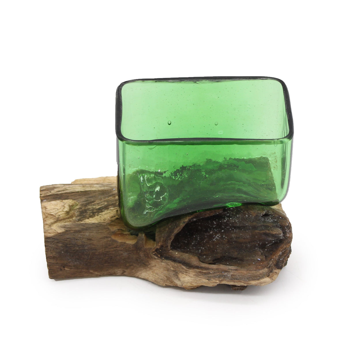 Recycled Glass Vase on Wood - Rectangular - Green, with rounded corners and a dark-rimmed square opening on wood by Quintessential Holistic Health Ltd