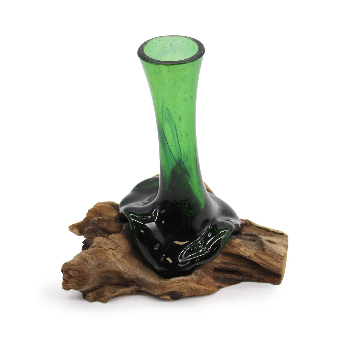 Recycled Beer-Bottle Glass Flower Vase on Wood - Large Green, with a slender neck and dark pooled base by Quintessential Holistic Health Ltd