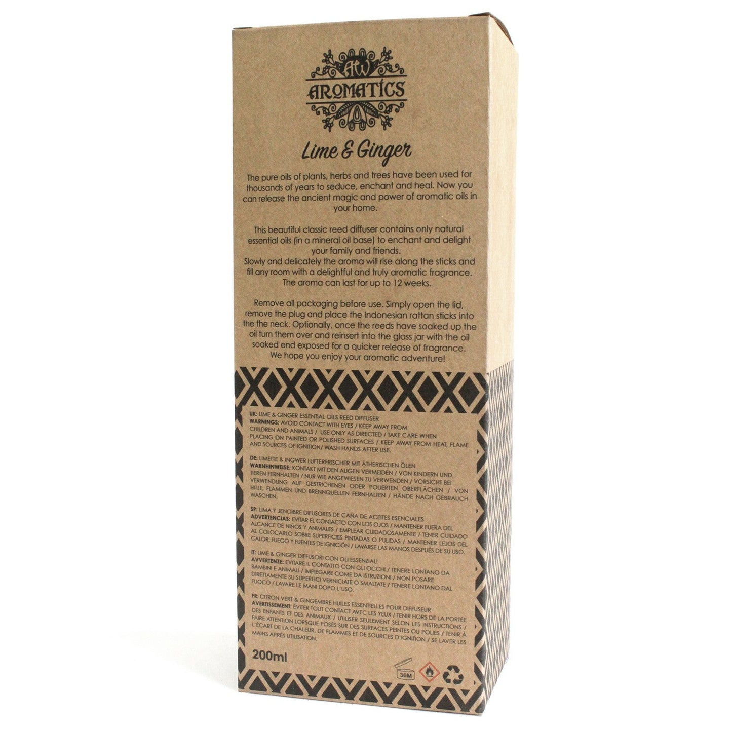 Reed Diffuser - Lime and Ginger - 200ml, rear of tall brown box with printed text and a patterned lower panel by Quintessential Holistic Health Ltd