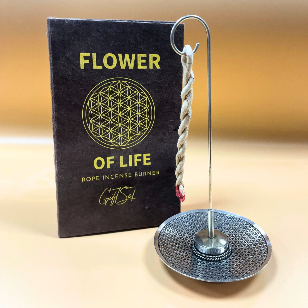 Rope Incense and Silver Plated Holder Set - Flower of Life with round patterned holder, hanging rope and brown cover by Quintessential Holistic Health Ltd