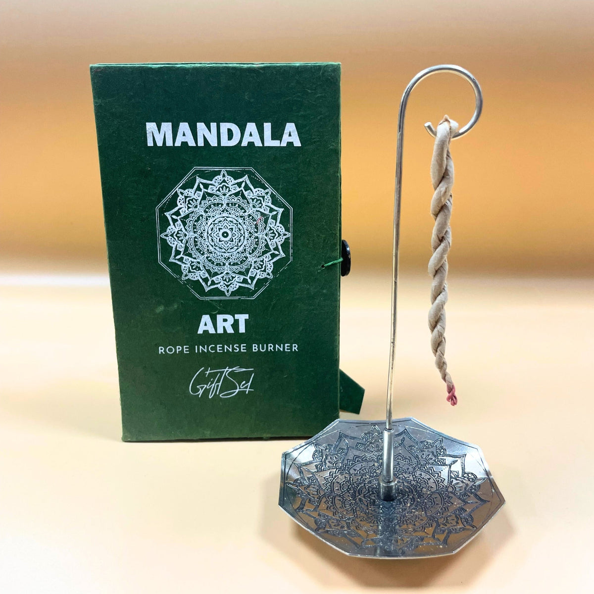 Rope Incense and Silver Plated Holder Set - Mandala Flower with octagonal holder, hanging rope and green cover by Quintessential Holistic Health Ltd