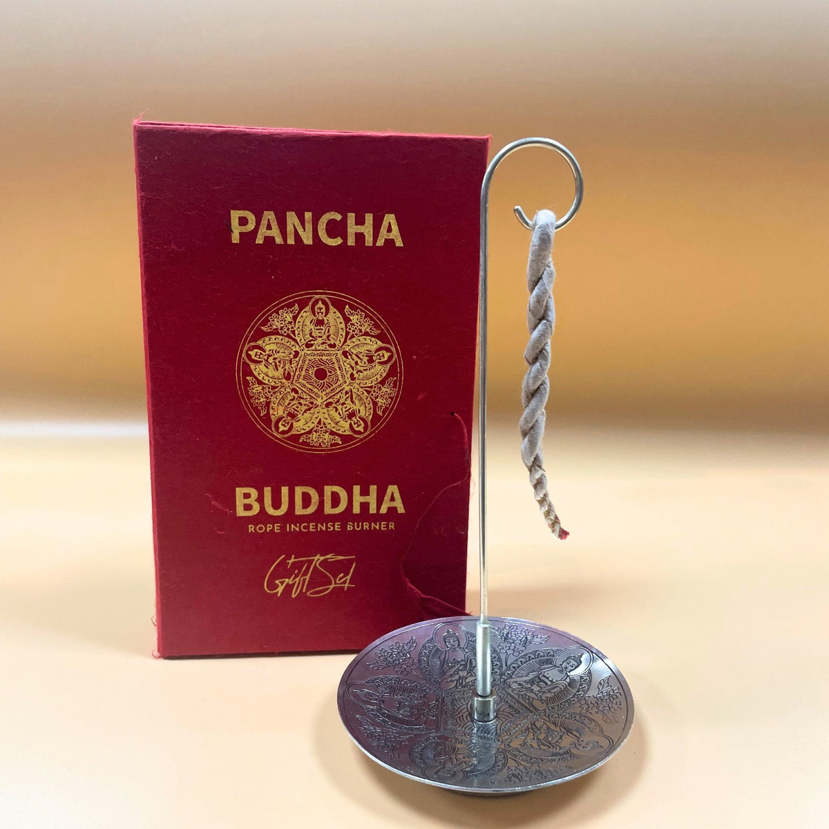 Rope Incense and Silver Plated Holder Set - Pancha Buddha with patterned round holder, hanging rope and red cover by Quintessential Holistic Health Ltd