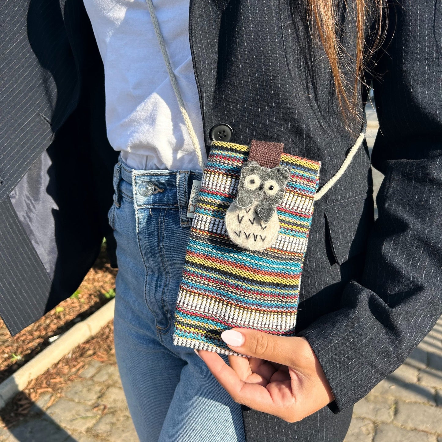Handmade Cotton Mobile Phone Holder Bag - White and Multicoloured / Owl product packaging on clean background from Quintessential Holistic Health Ltd