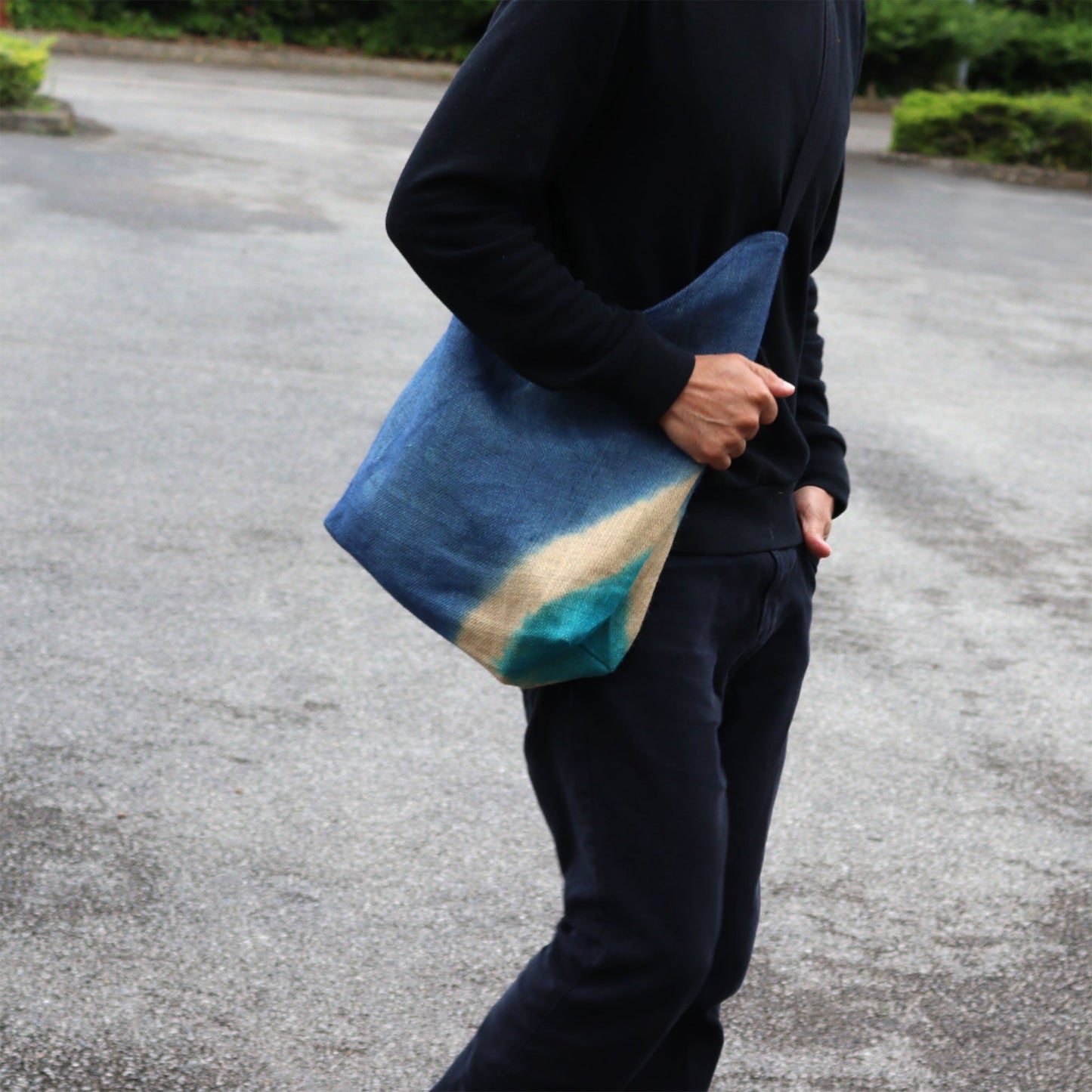 Jute and Cotton Shoulder Tote Bag - Blue Denim, carried at the side by a person dressed in black by Quintessential Holistic Health Ltd