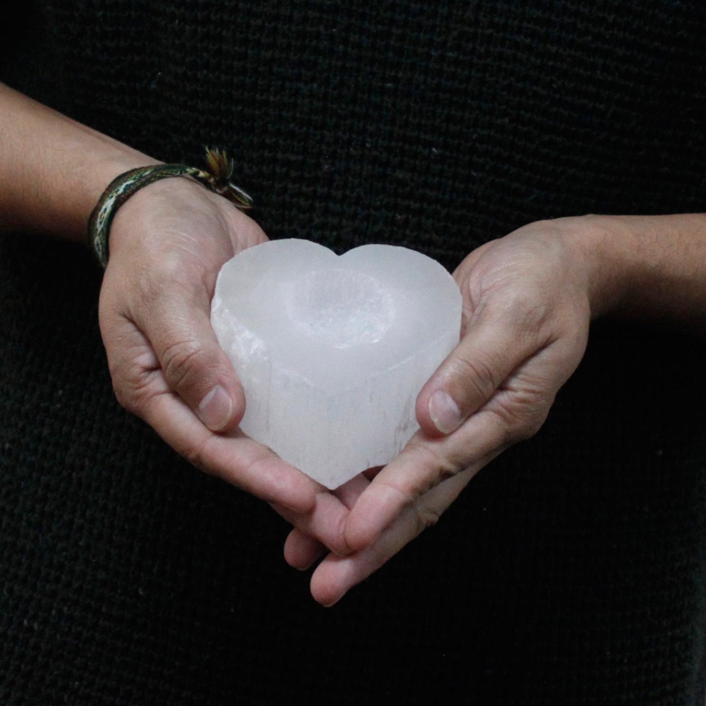 Selenite Heart Candle Holder product packaging on clean background from Quintessential Holistic Health Ltd