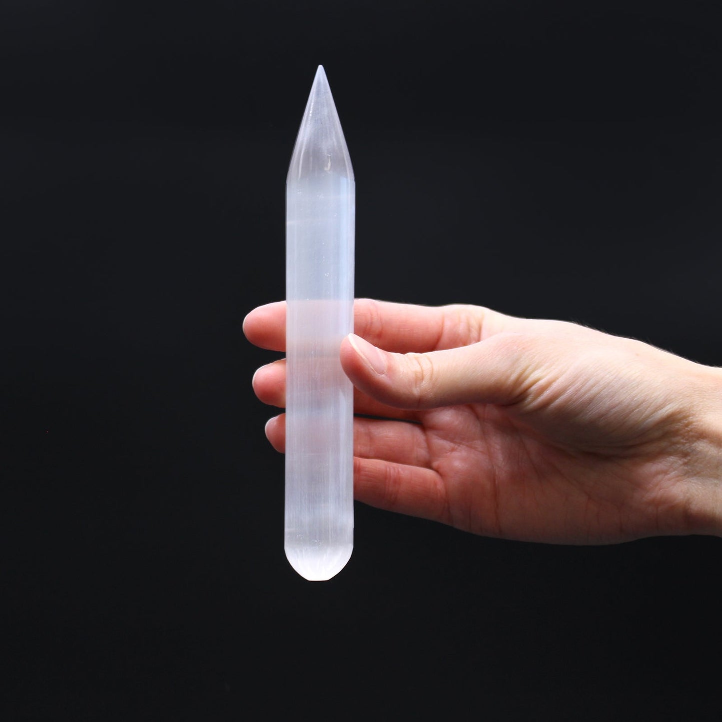 Pointed and Rounded End Smooth Selenite Healing Wand product packaging on clean background from Quintessential Holistic Health Ltd