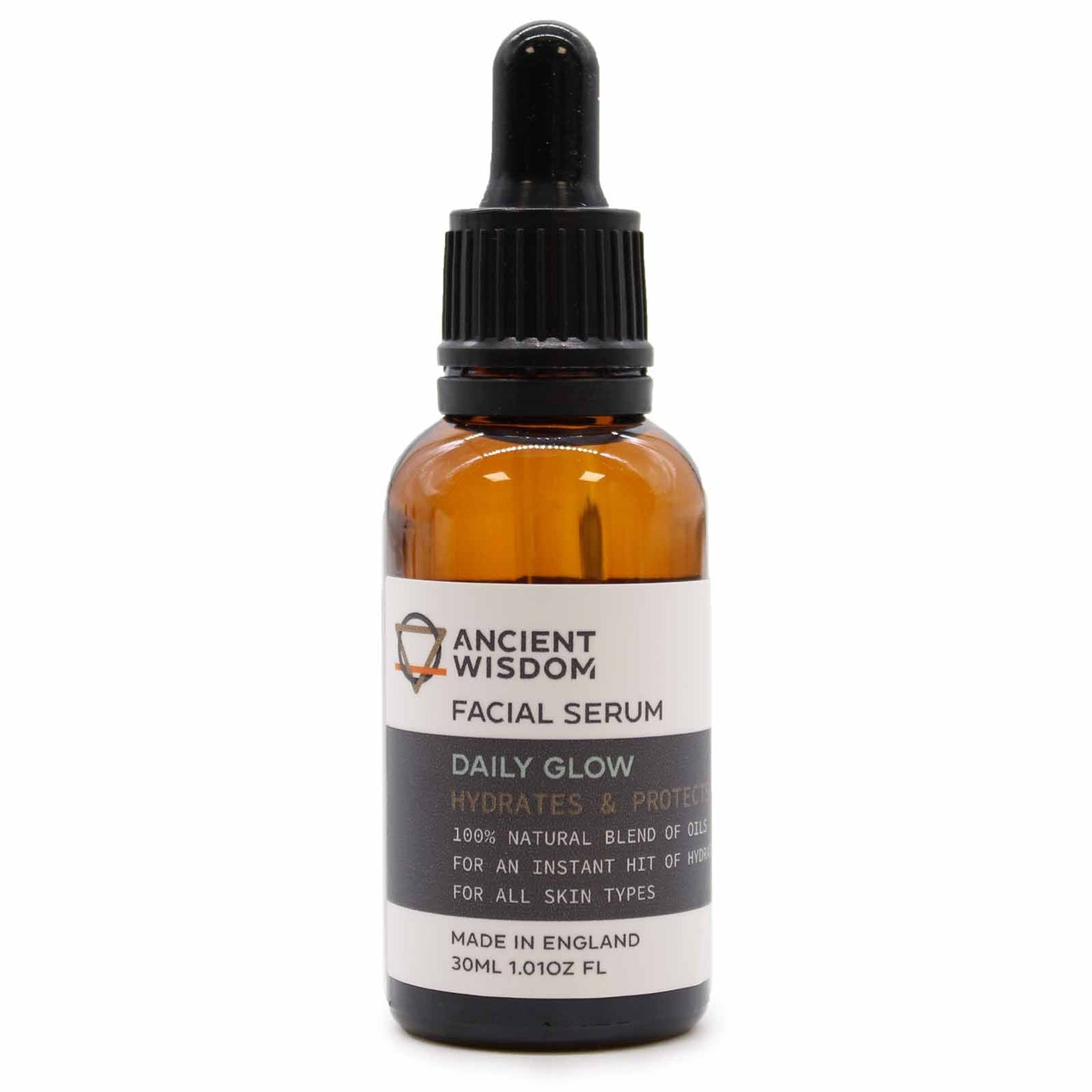 Vegan-Friendly Facial Serum - 30ml - Daily Glow Oil, amber dropper bottle with black cap and white Ancient Wisdom label by Quintessential Holistic Health Ltd