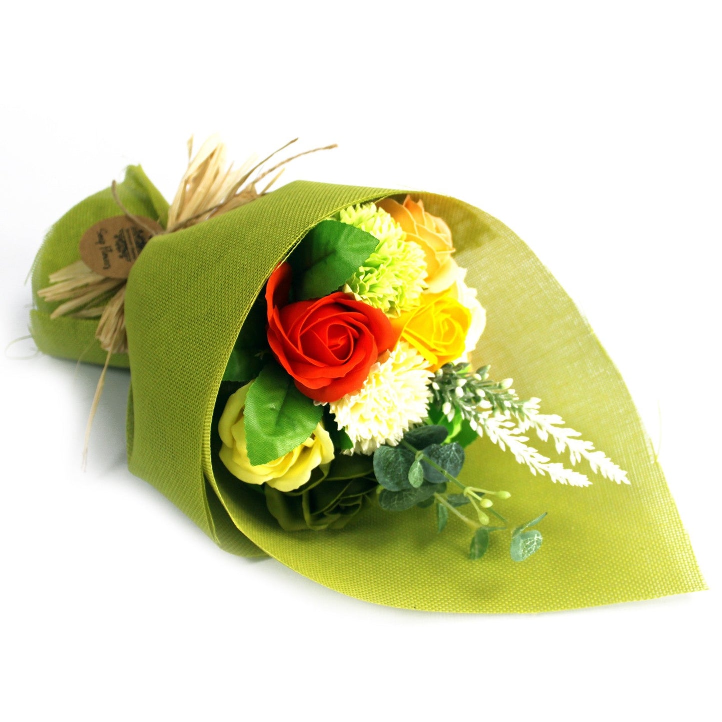 Standing Soap Flower Bouquet - Green and Yellow, laid on its side with red, yellow and green flowers in green wrapping, by Quintessential Holistic Health Ltd