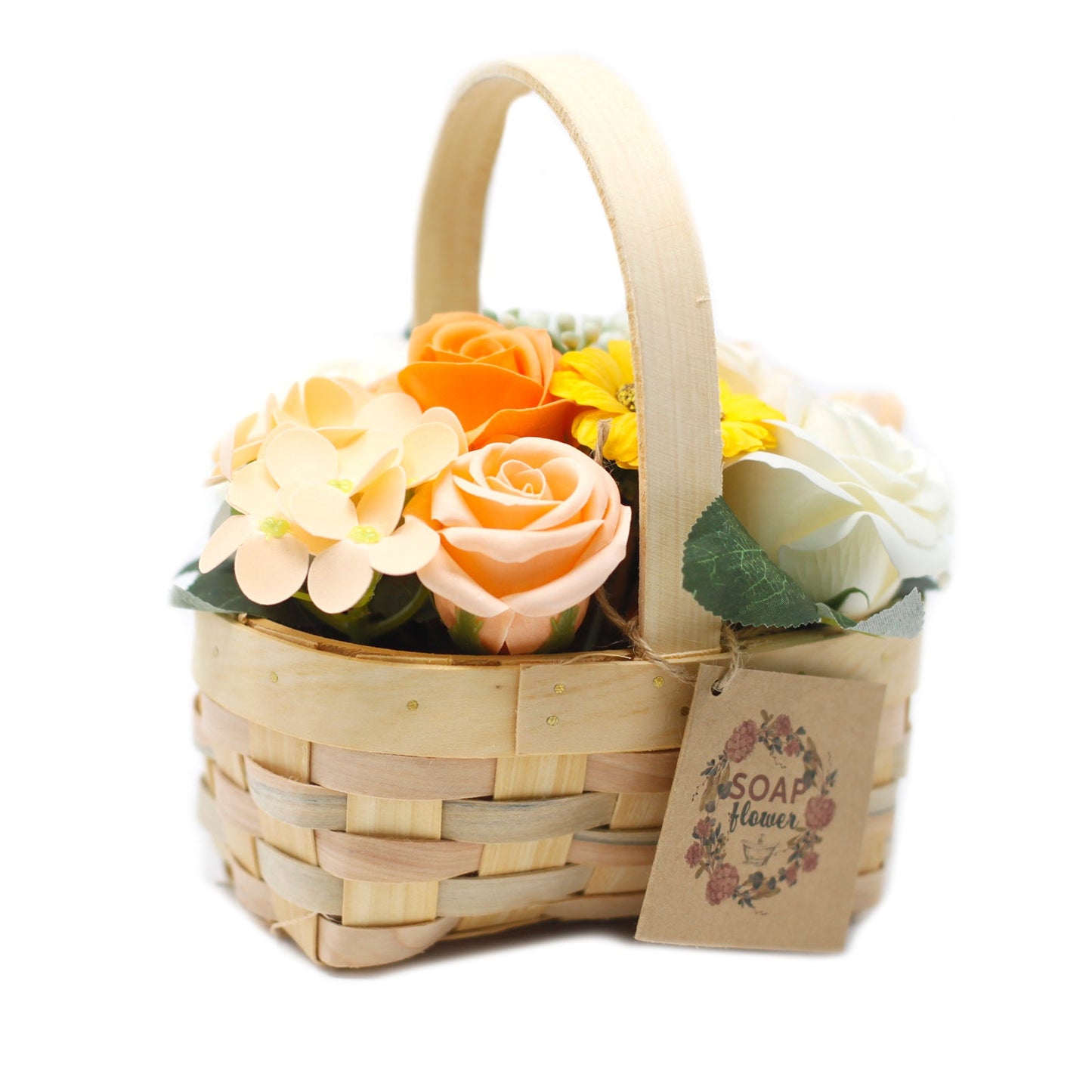 Wicker Basket Soap Flower Bouquet - Orange - Medium with orange, cream and pale blue flowers and a floral gift tag by Quintessential Holistic Health Ltd