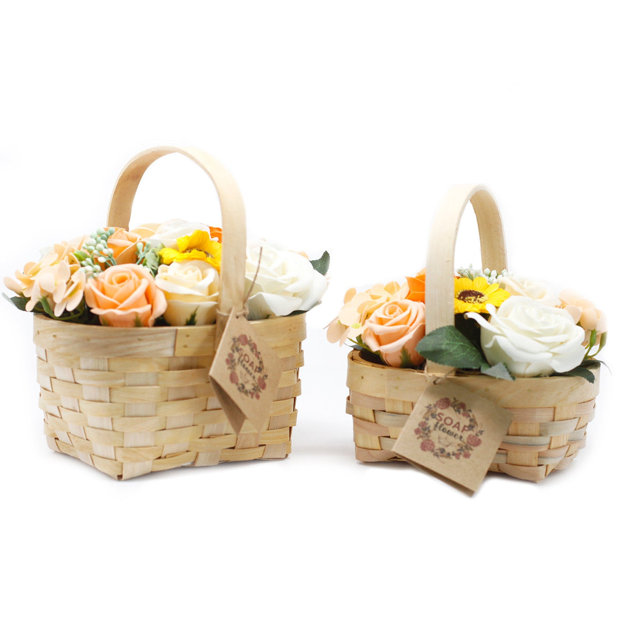 Wicker Basket Soap Flower Bouquet - Orange - Large shown as two sizes with peach, white and yellow blooms by Quintessential Holistic Health Ltd