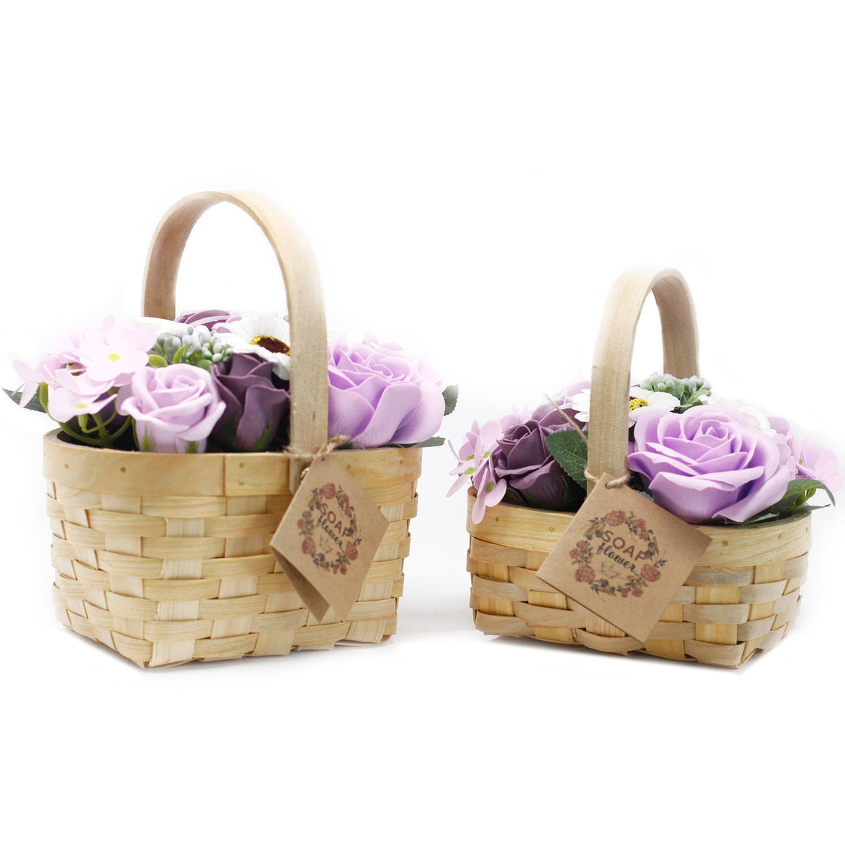 Wicker Basket Soap Flower Bouquet - Lilac - Large, shown beside a smaller basket with lilac flower shapes and gift tags by Quintessential Holistic Health Ltd