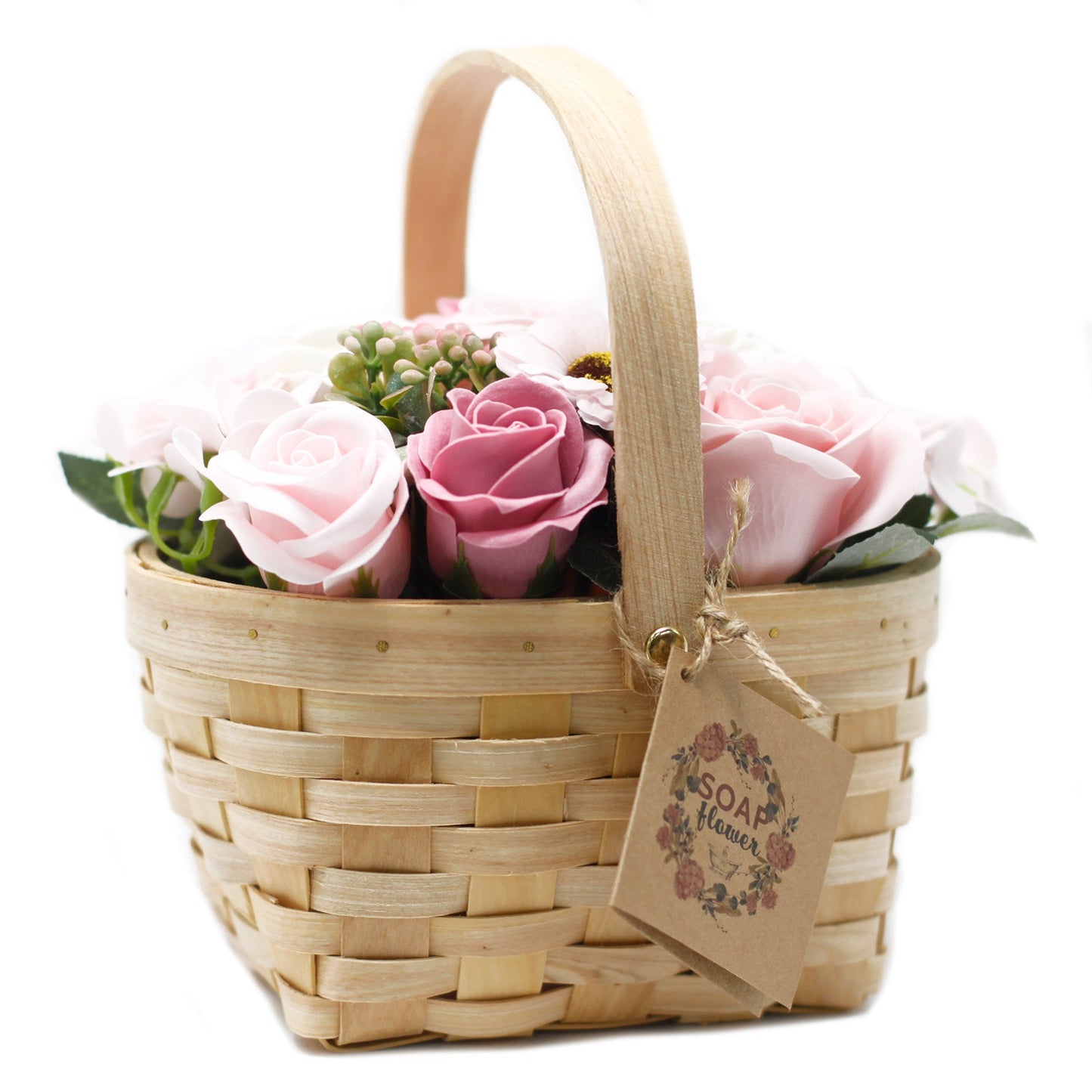 Wicker Basket Soap Flower Bouquet - Pink - Large with pale pink, mauve and white blooms, an arched handle and hanging tag by Quintessential Holistic Health Ltd