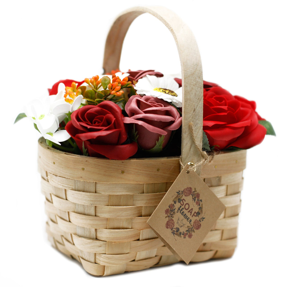Wicker Basket Soap Flower Bouquet - Red - Large with red, burgundy and white blooms, an arched handle and hanging tag by Quintessential Holistic Health Ltd