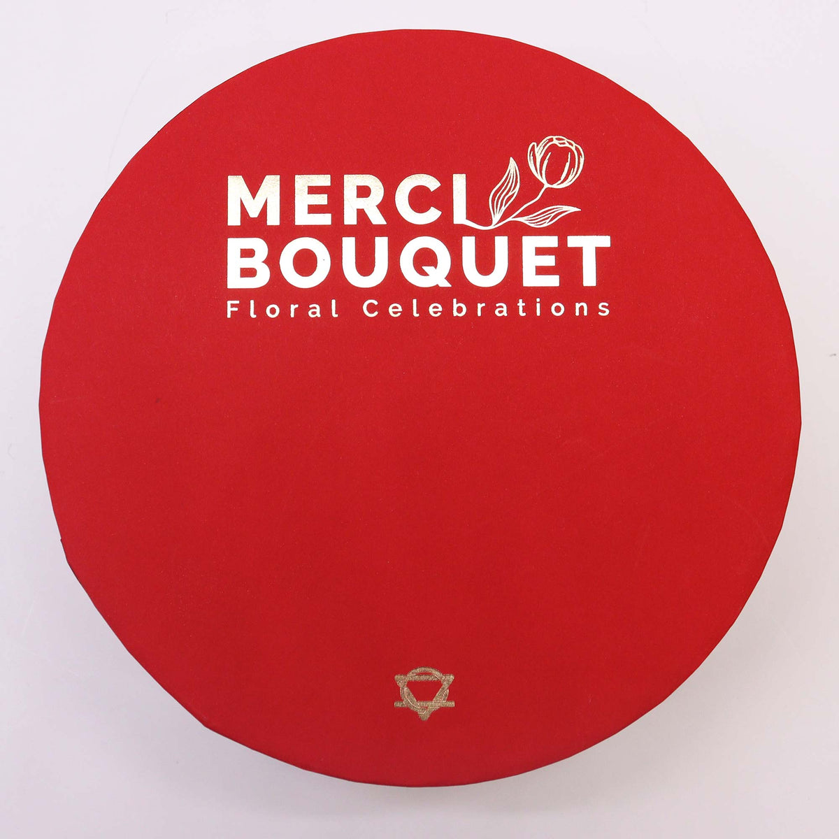 Luxury Soap Flowers - Round - Classic Reds, circular red lid with white Merci Bouquet branding and a small gold emblem, by Quintessential Holistic Health Ltd