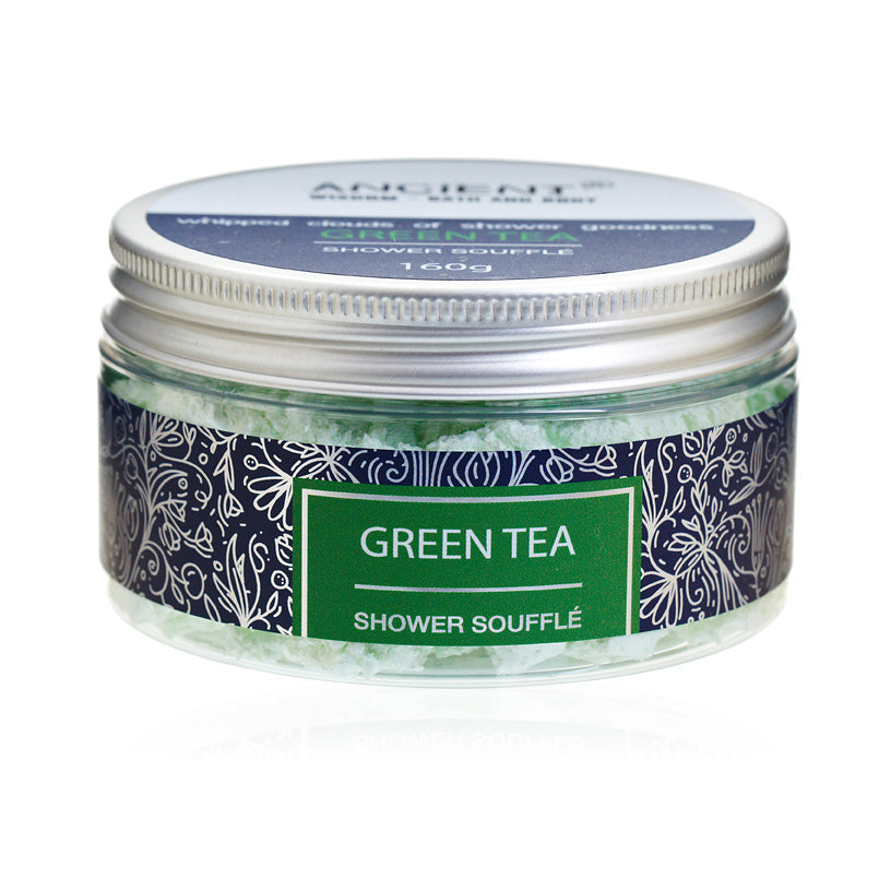 Mild Cleansing Shower Soufflé Foam - Green Tea - 160g, closed low jar with patterned wrap and green centre panel, by Quintessential Holistic Health Ltd