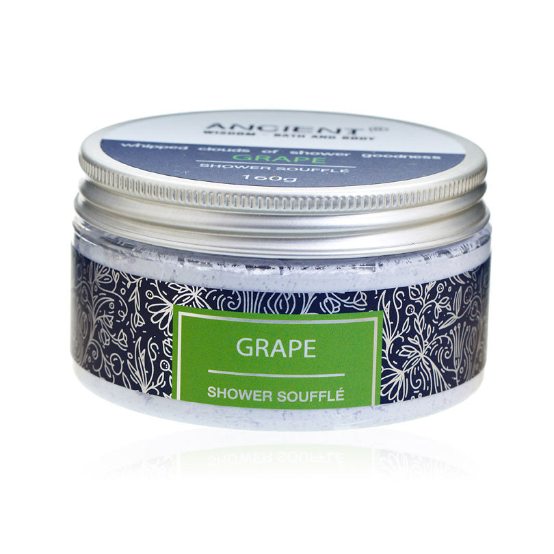 Mild Cleansing Shower Soufflé Foam - 160g - Grape, closed low round jar with patterned label and green centre panel, by Quintessential Holistic Health Ltd