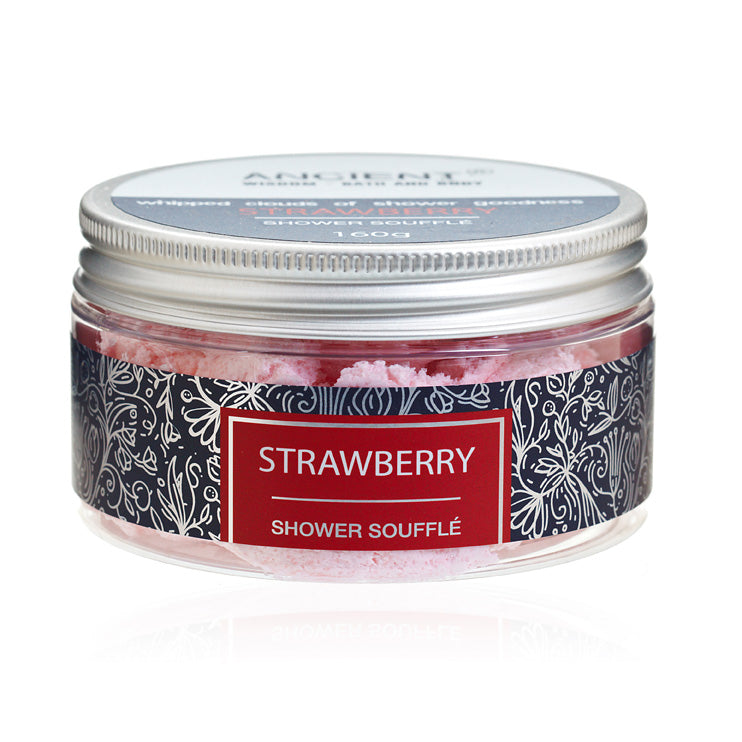 Mild Cleansing Shower Soufflé Foam - 160g - Strawberry, closed low jar with patterned wrap and red centre panel, by Quintessential Holistic Health Ltd