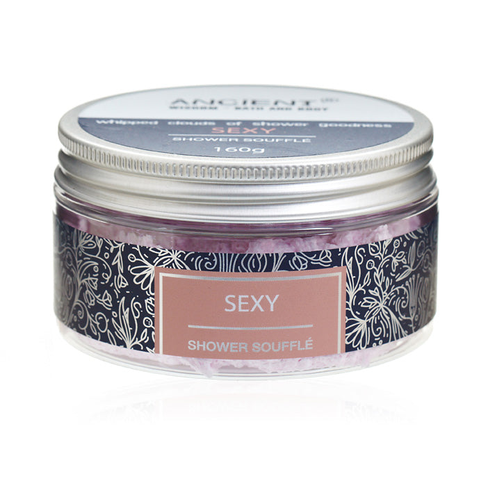 Mild Cleansing Shower Soufflé Foam - 160g - Sexy, closed low jar with patterned wrap and pale pink centre panel, by Quintessential Holistic Health Ltd