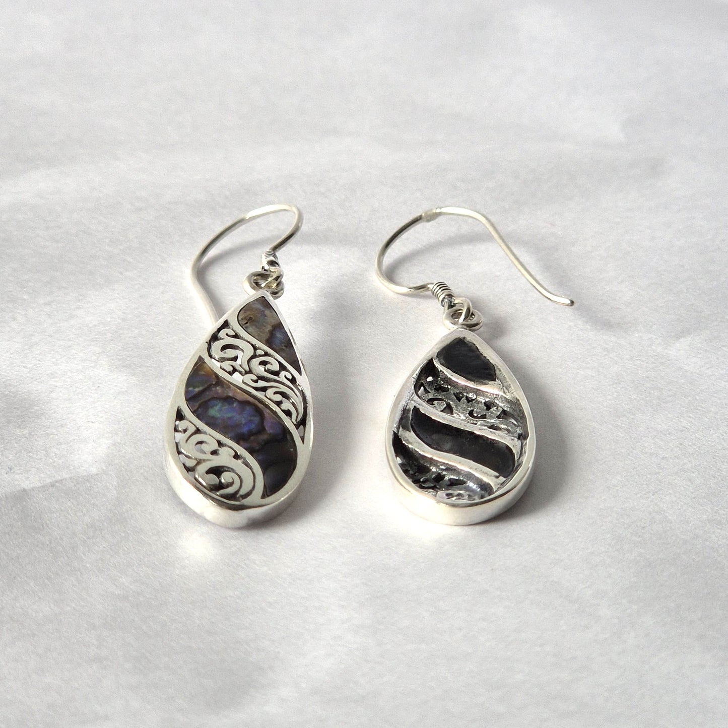 Handmade Shell and 925 Silver Earrings - Abalone / Long Teardrop product packaging on clean background from Quintessential Holistic Health Ltd