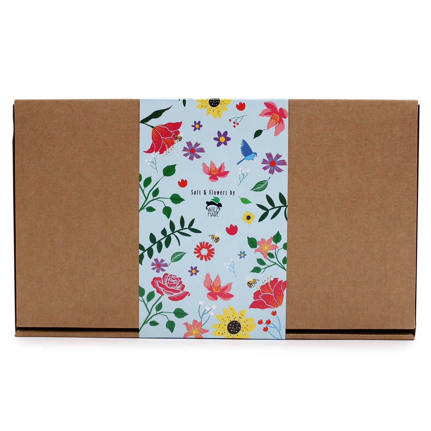 Salt and Flower Bath Soak Gift Set - Total Unwind, closed rectangular kraft box with a colourful floral paper band across the centre by Quintessential Holistic Health Ltd