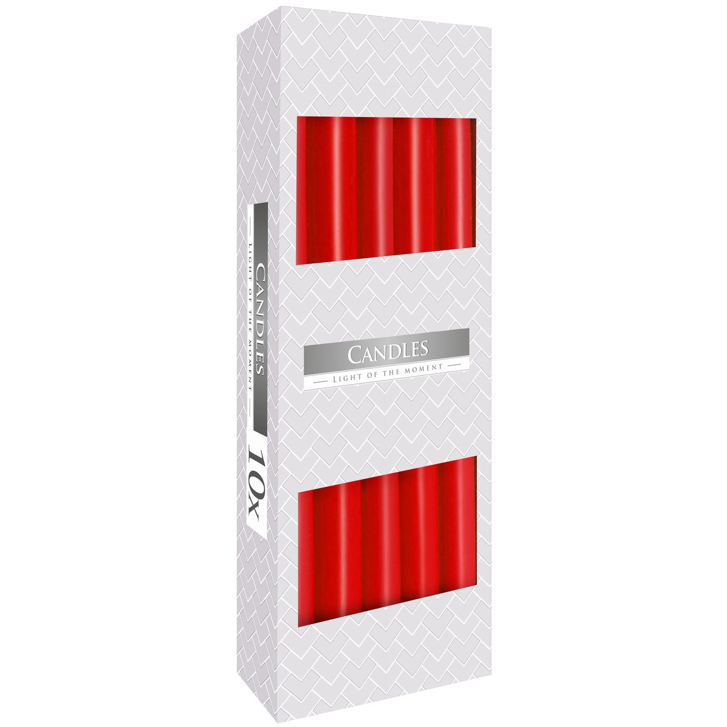 Pack of 10 Unscented Taper Candles - Red product packaging on clean background from Quintessential Holistic Health Ltd