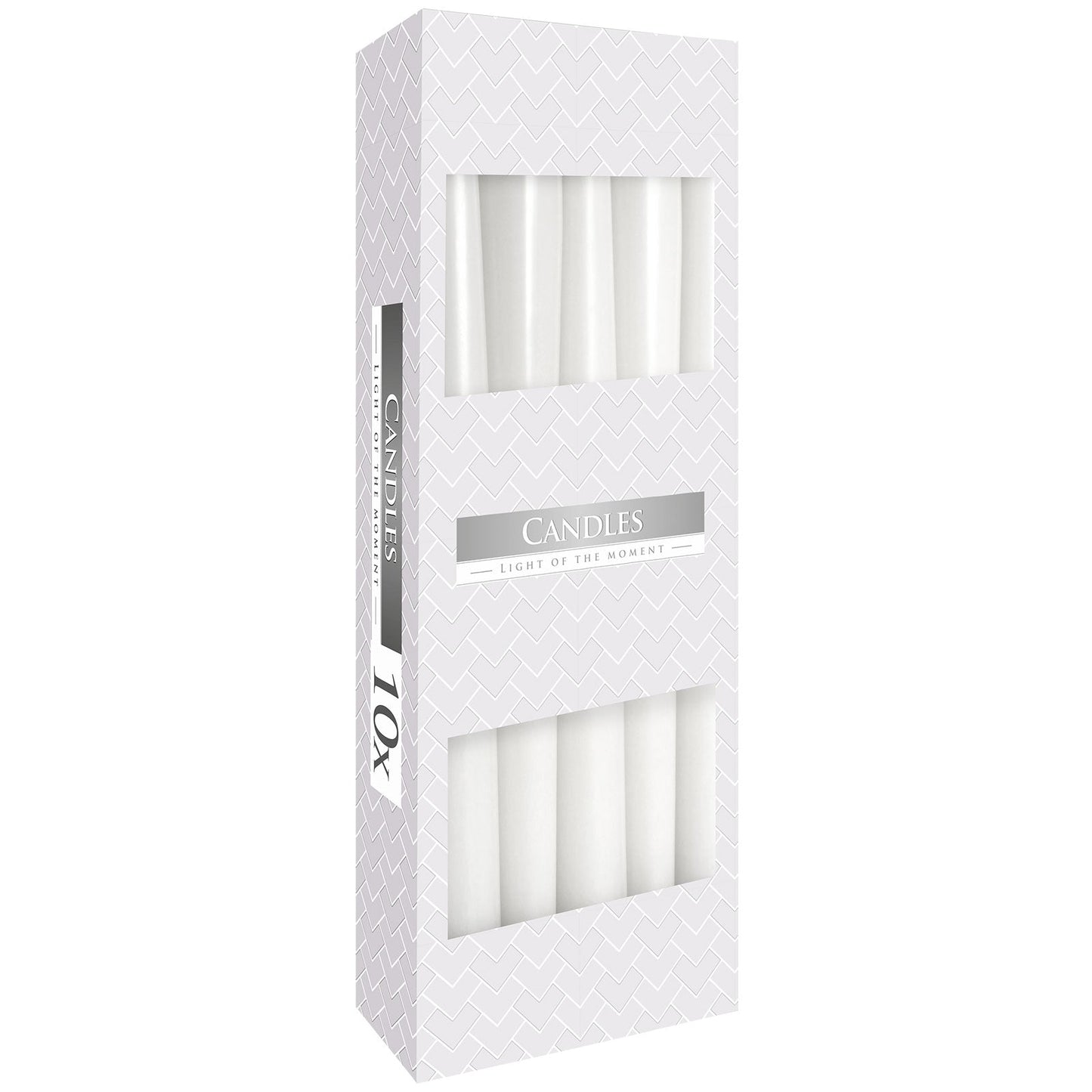 Pack of 10 Unscented Taper Candles - White product packaging on clean background from Quintessential Holistic Health Ltd