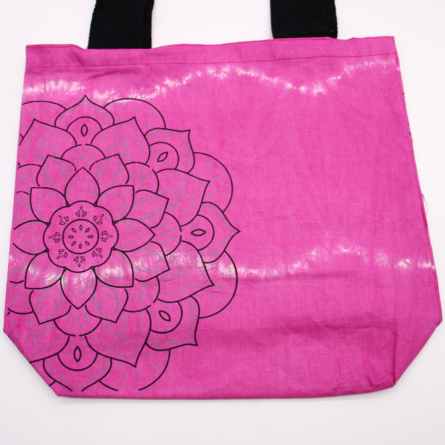 Tie-Dyed Cotton Tote Bag - Mandala - Pink with horizontal white tie-dye bands and a cropped black floral mandala at the lower left by Quintessential Holistic Health Ltd