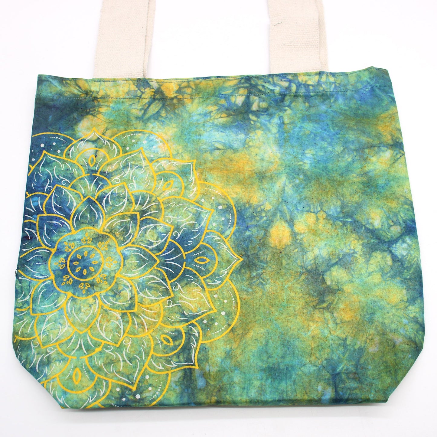Tie-Dyed Cotton Tote Bag - Mandala - Green and Blue with a large yellow outlined mandala spanning the lower front by Quintessential Holistic Health Ltd