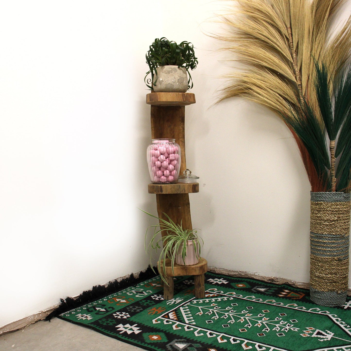 Eco-Friendly Teak Log 3 Shelf Corner Unit - Natural product packaging on clean background from Quintessential Holistic Health Ltd