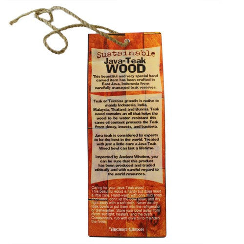 Hand-Carved Sustainable Teak Chopping Board - Small, narrow orange-bordered hanging label printed with sustainable Java teak wood, by Quintessential Holistic Health Ltd