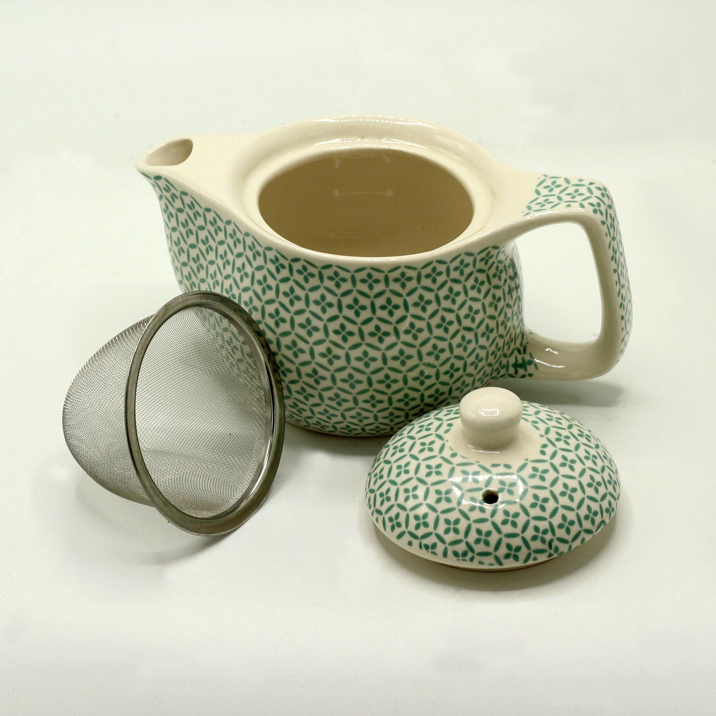 350ml Small Ceramic Green Mosaic Design Herbal Teapot and Strainer product packaging on clean background from Quintessential Holistic Health Ltd