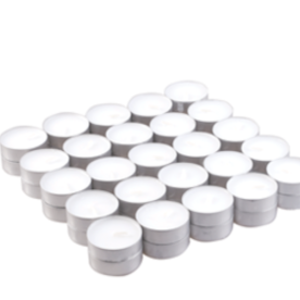 Unscented Tea-Lights - 50 Pack arranged in rows as a clustered group of small white circular tea-lights by Quintessential Holistic Health Ltd