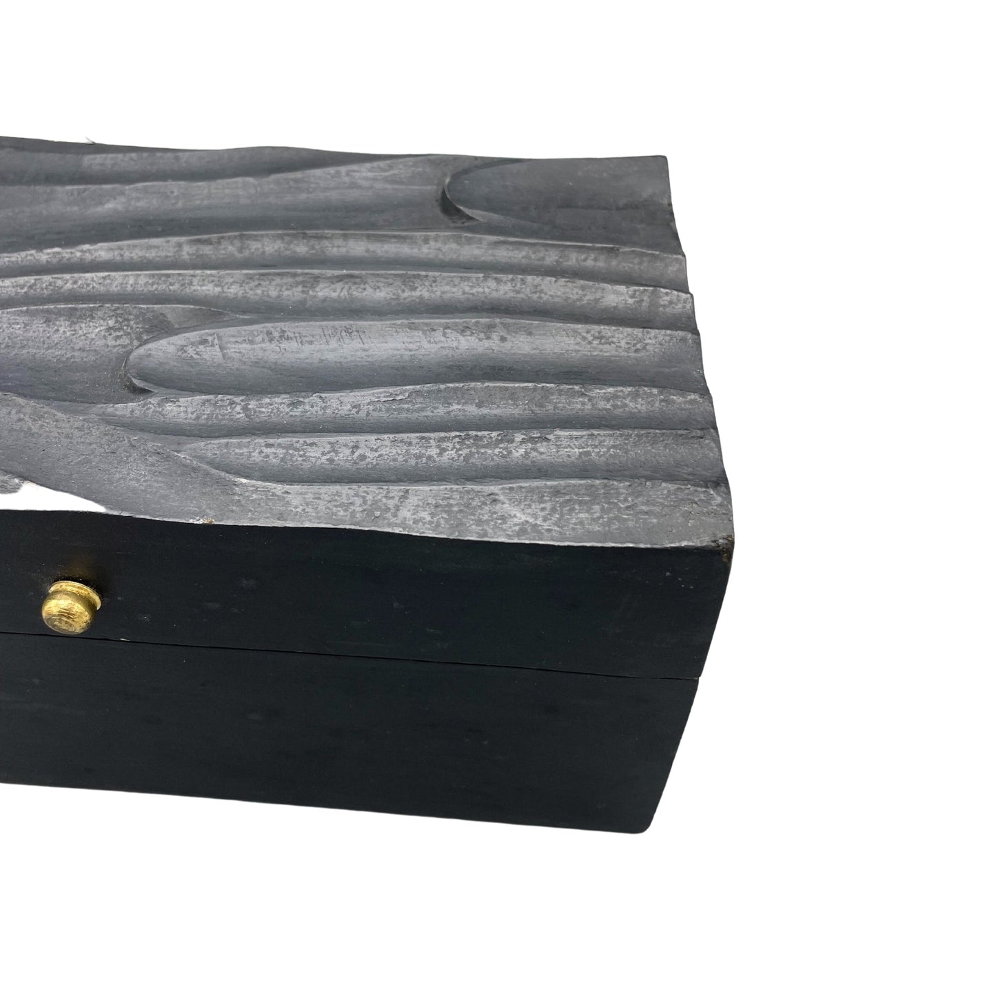 Vintage Deco Mango Wood Multi-Purpose Box - Black Swirls in a cropped close-up showing the raised wavy lid pattern and brass-tone knob by Quintessential Holistic Health Ltd