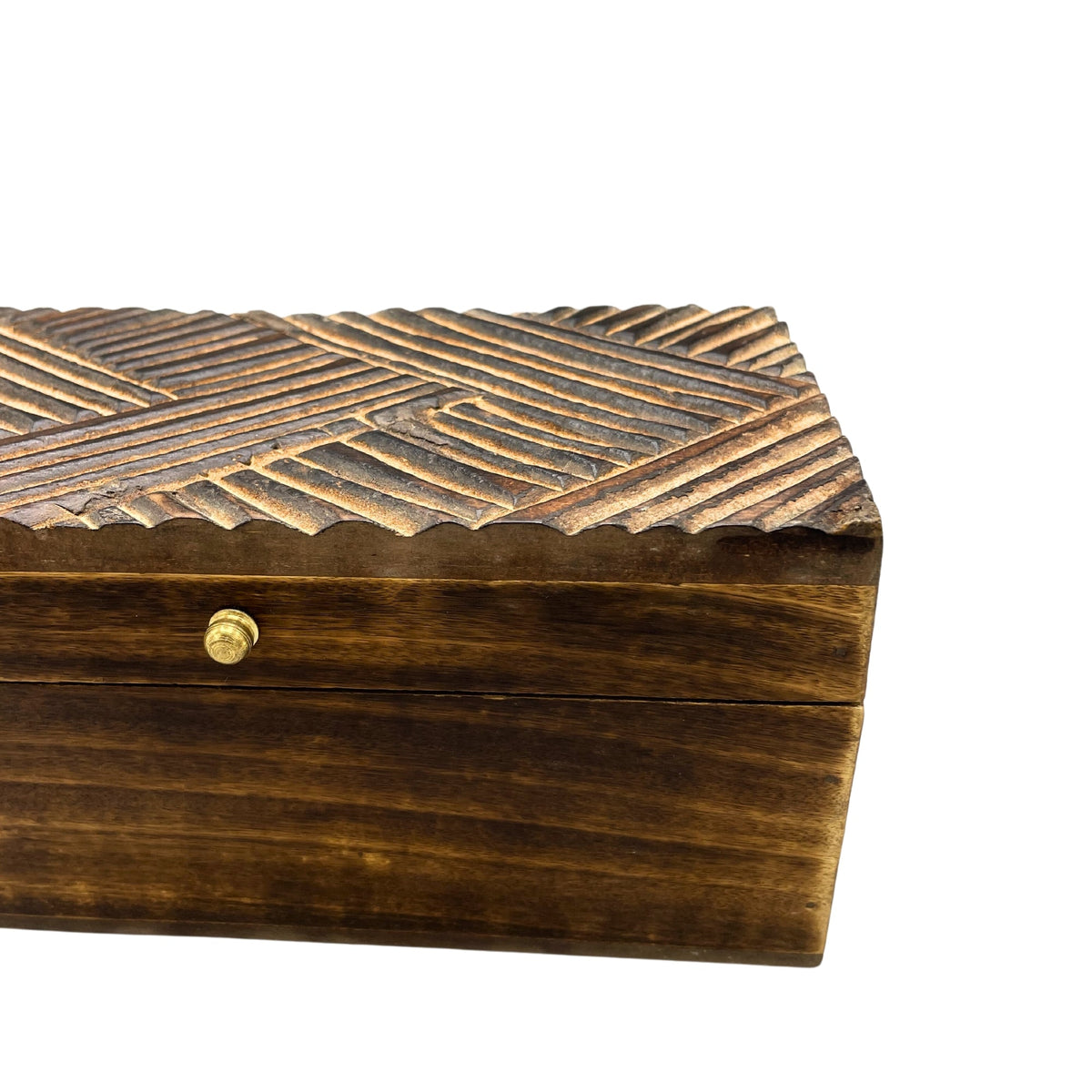 Vintage Deco Mango Wood Multi-Purpose Box - Antique Lines closed with a carved diagonal line pattern and brass-tone knob by Quintessential Holistic Health Ltd