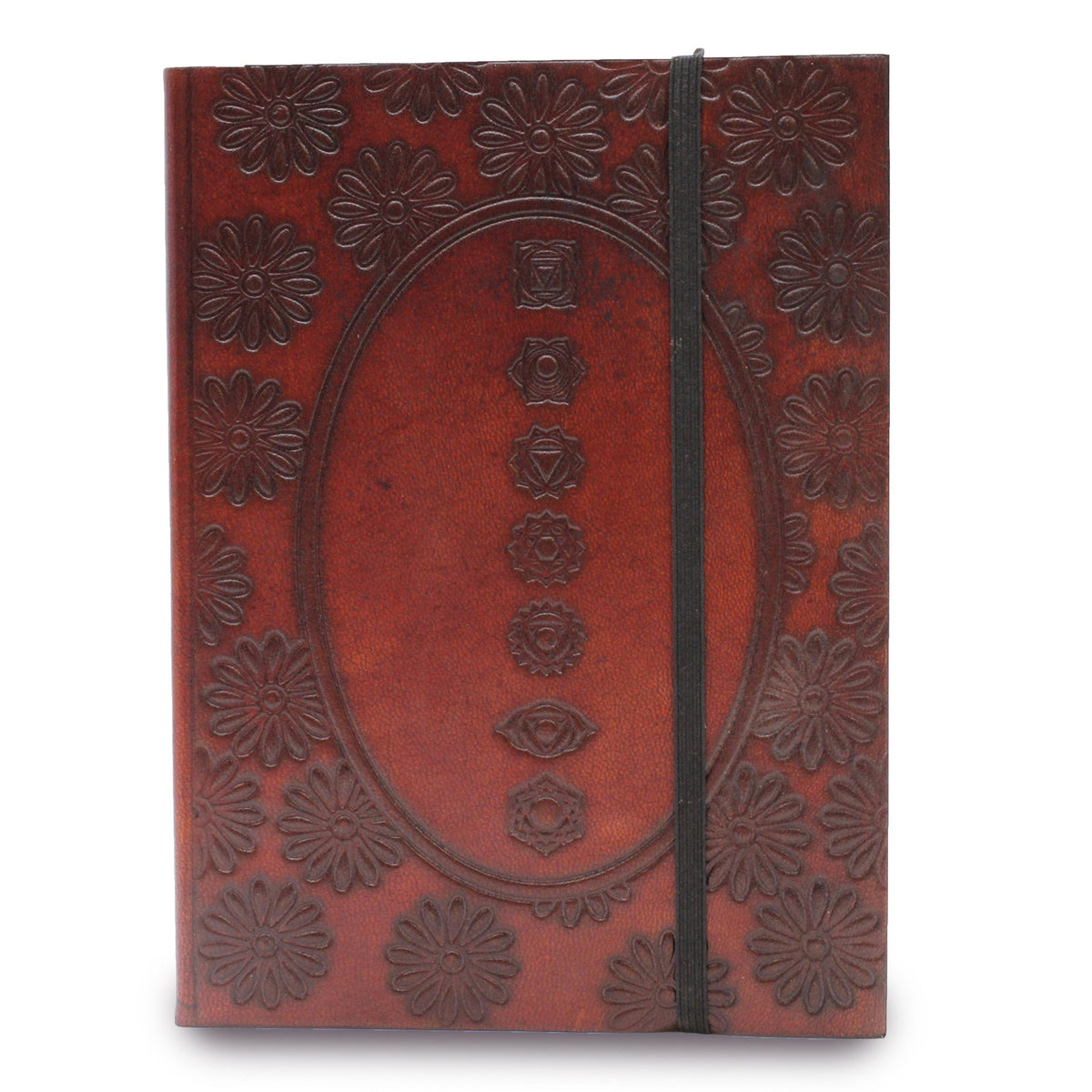 Vegetable-Tanned Leather Notebook - Medium - Burgundy Chakra Mandala with embossed chakra symbols, floral borders and a black elastic strap by Quintessential Holistic Health Ltd