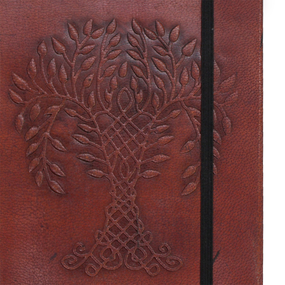 Vegetable-Tanned Leather Notebook - Medium Burgundy - Tree of Life, close-up of embossed leafy tree and black elastic by Quintessential Holistic Health Ltd