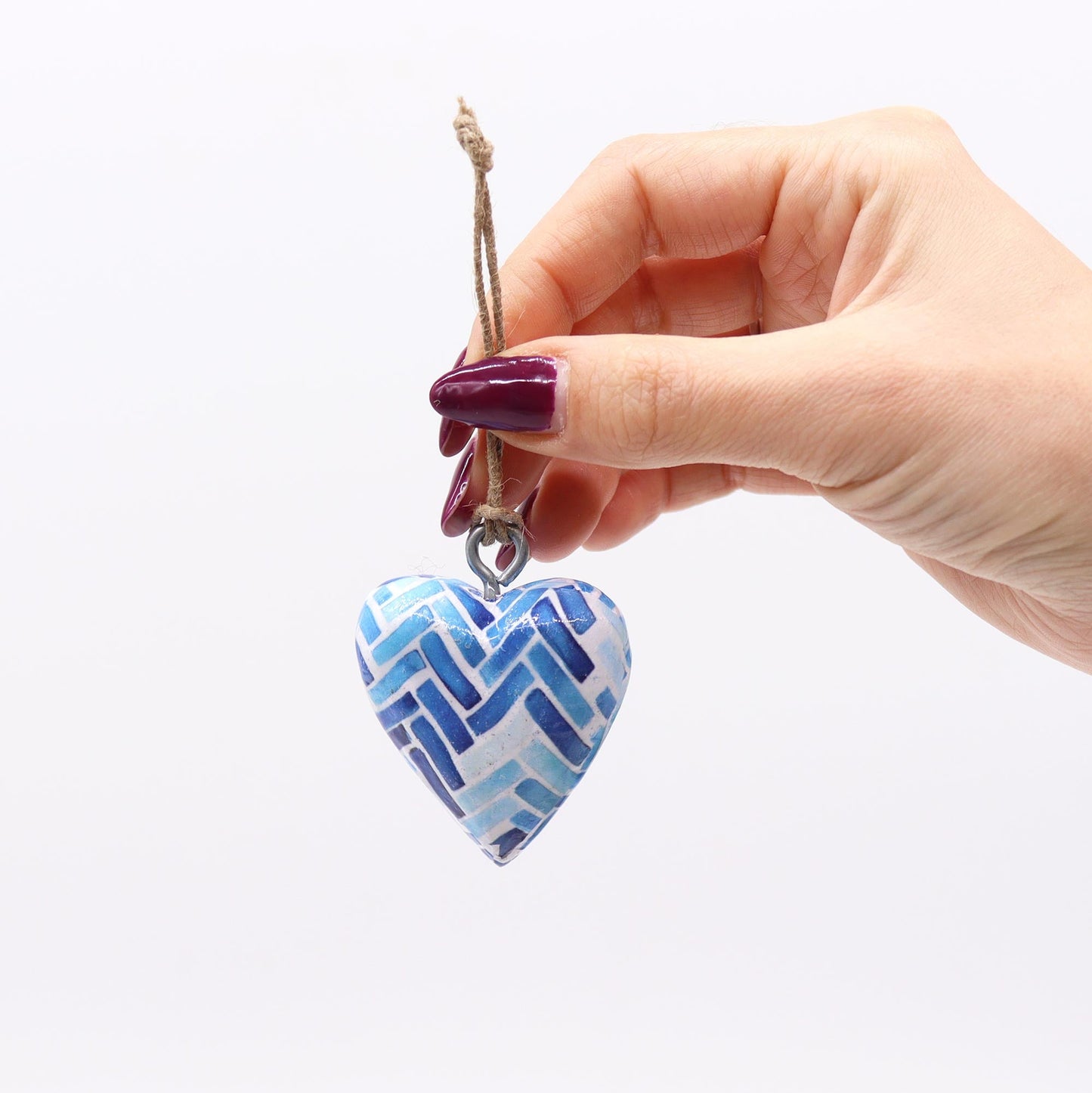 Handmade Wooden Decorative Hanging Heart - Small / Blue Stripes product packaging on clean background from Quintessential Holistic Health Ltd